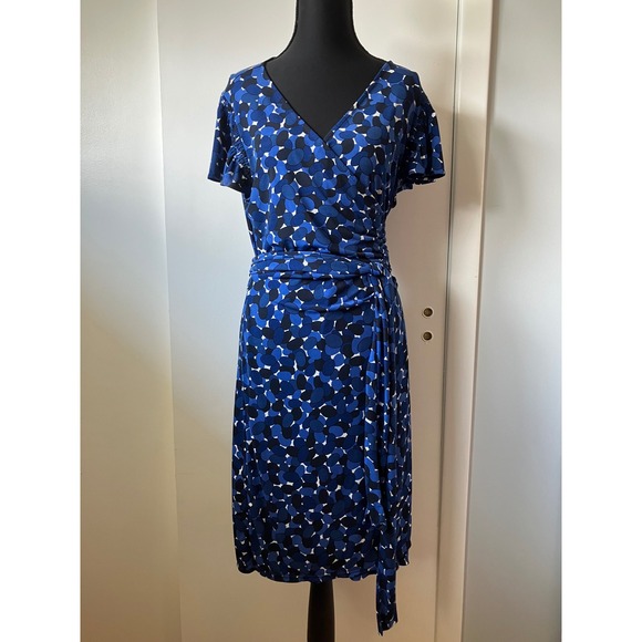 Ann Taylor Factory Women's Blue & Black Print Wrap Dress Size 14 Short Sleeve - Picture 1 of 6